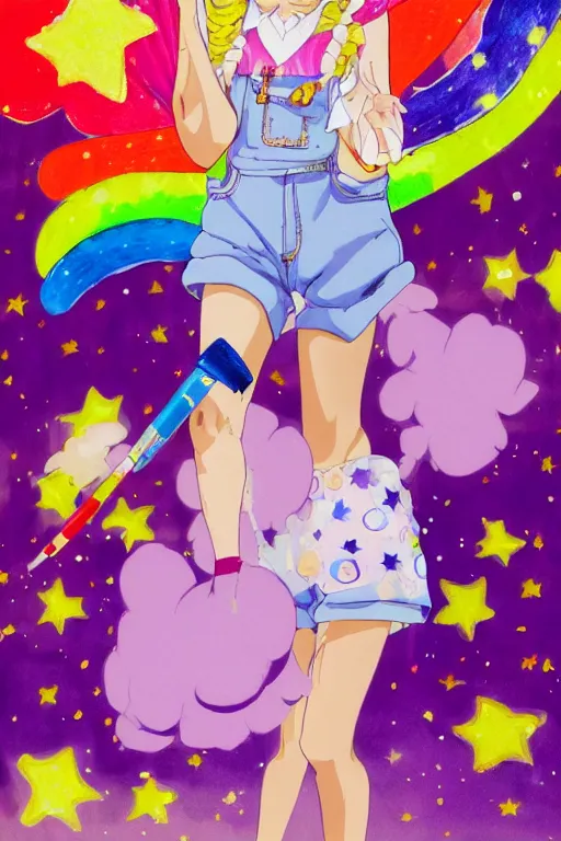 Prompt: Full body anime painting of a happy teenage girl holding a paintbrush with short blond hair and freckles wearing an oversized purple Beret, Purple overall shorts, jester shoes, and white leggings covered in stars. Surrounded by clouds and the night sky. Rainbow accents on outfit. Soft Lighting. By Rumiko Takahashi. By Naoko Takeuchi. By CLAMP. By WLOP.
