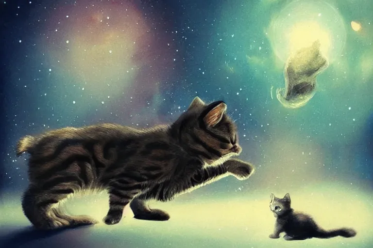 Image similar to tiny kitten meets a colossal space monster, sci-fi horror art, cute