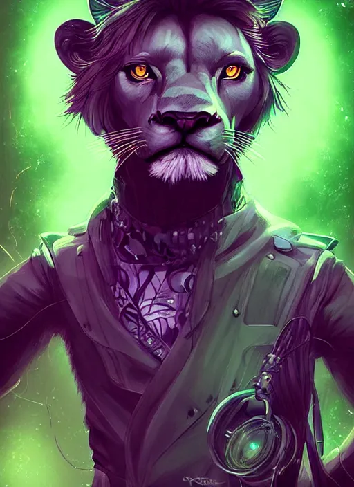 Image similar to award winning beautiful portrait commission of a male furry anthro lion fursona with a cute beautiful attractive detailed furry face wearing stylish black, green and purple cyberpunk clothes in a cyberpunk city at night while it rains. Character design by charlie bowater, ross tran, artgerm, and makoto shinkai, detailed, inked, western comic book art