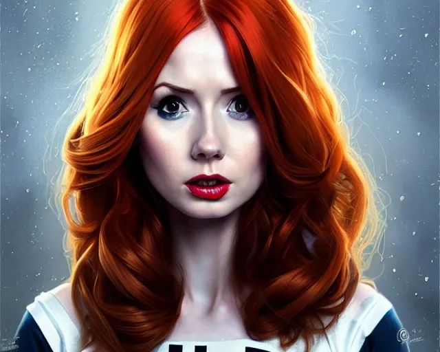 Image similar to Karen Gillan Batgirl, redhead, full body, no mask, symmetrical face symmetrical eyes, leaping from a building, illustration, artstation, cinematic lighting, hyperdetailed, cgsociety, 8k, high resolution, Charlie Bowater, Tom Bagshaw, Norman Rockwell, insanely detailed and intricate