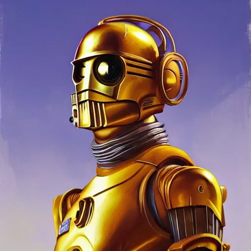 Image similar to greg manchess portrait painting of c 3 po as overwatch character, medium shot, asymmetrical, profile picture, organic painting, sunny day, matte painting, bold shapes, hard edges, street art, trending on artstation, by huang guangjian and gil elvgren and sachin teng