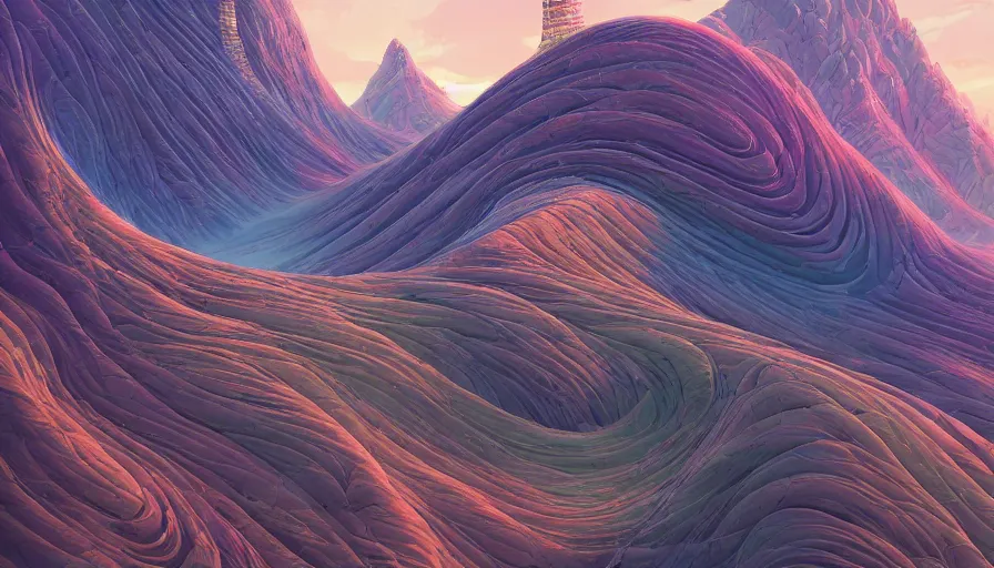 Image similar to A highly detailed digital art painting of a twisty spiral mountain with a grand tower at its peak, by Studio Ghibli, Makoto Shinkai, (((Makoto Shinkai))) by Artgerm, by beeple, volumetric lighting, octane render, 4K resolution, trending on artstation, masterpiece, muted colours