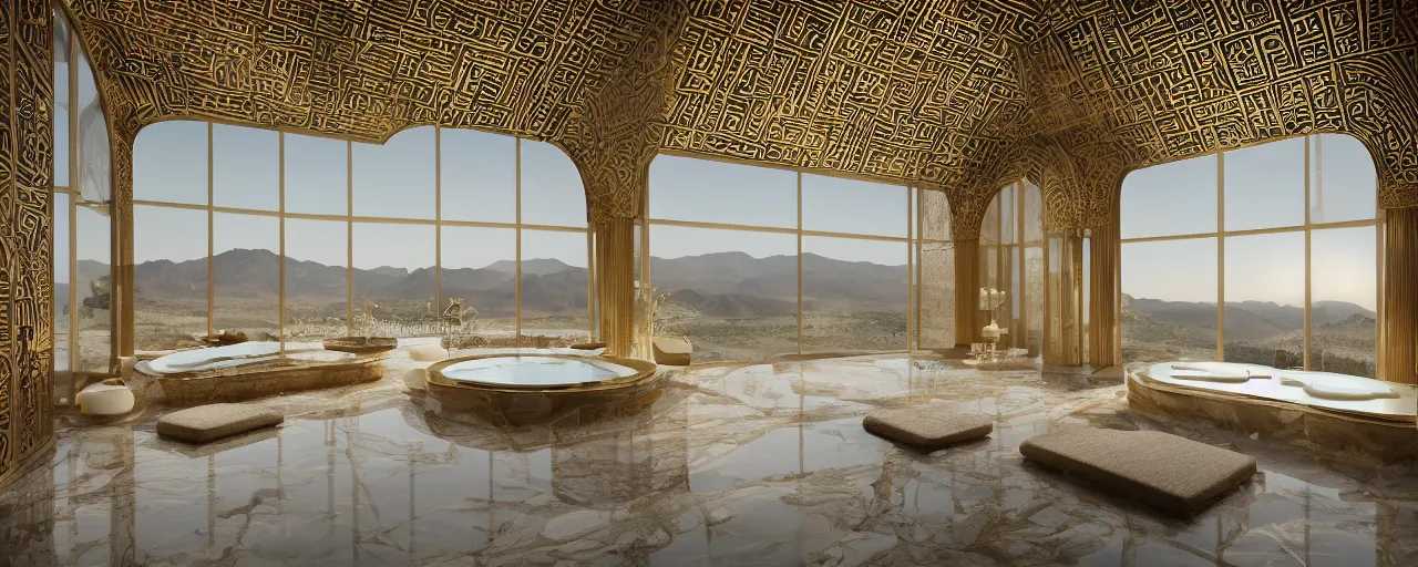 Image similar to photo of a cinematic interior of a double height hyper luxury spa with everything made of gold, candles, silk wavy curtains, ( ( ( windows with view to desert mountains and river ) ) ), beige stone marble floor with reflection, small wellness relaxation pool, intricate hieroglyph detailed roof, contemporary design, sacred geometry, 8 k, hyperrealistic, photorealism,