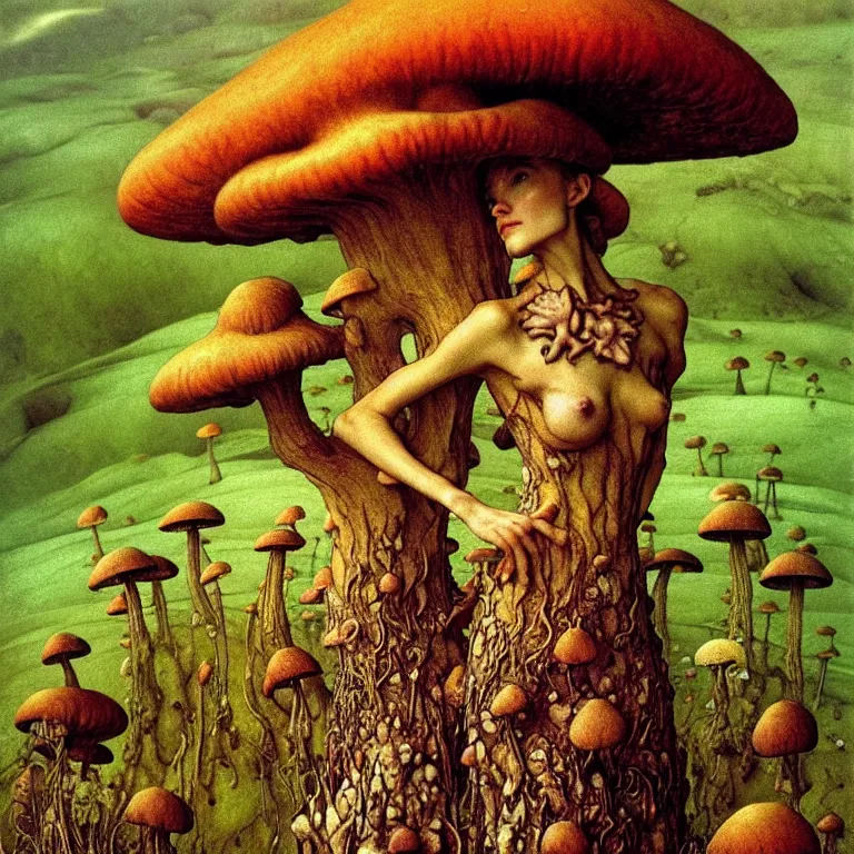 Image similar to A funguswoman stands among the mushroom hills. Wearing a fungus and mushroom. Perfect faces, extremely high details, detailed, realistic, fantasy art, solo, masterpiece, art by Zdzisław Beksiński, Arthur Rackham, Dariusz Zawadzki, Edward Robert Hughes, Eugene de Blaas, Frederic Leighton