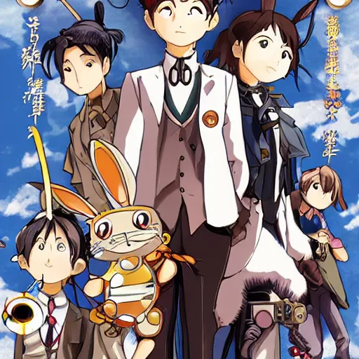 Prompt: film still Mechancial Bunny, a steampunk anime about scientists creating a mechanical bunny, art by Dice Tsutsumi, Makoto Shinkai, Studio Ghibli, playstation 2 printed game poster cover, cover art, poster, poster!!!