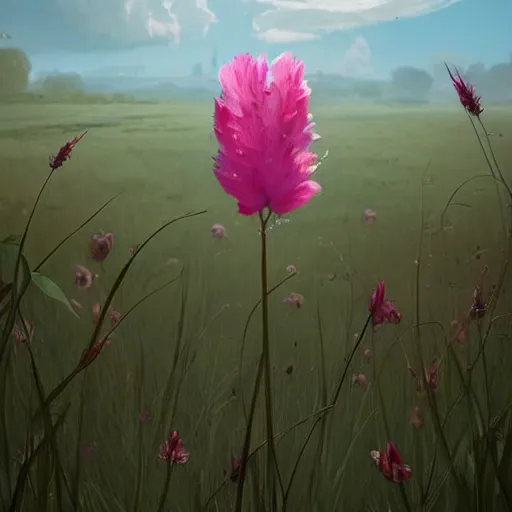 Prompt: a beautiful pink flower growing in the grass. matte painting, concept art, digital masterpiece, highly detailed, by greg rutkowski