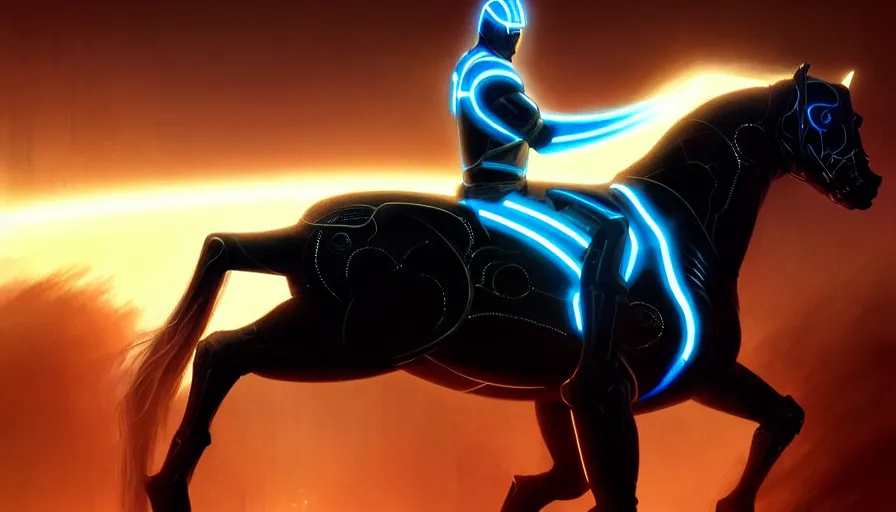 Image similar to tron legacy jesus riding cyborg horse, face, diffuse lighting, hyper realistic, concept art, intricate, hyper detailed, smooth, sharp focus, illustration, trending on artstation, art by greg rutkowski and james gurney and alphonse mucha