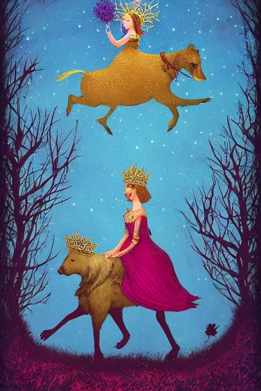 Prompt: surreal medieval princess with a crown riding a bear, nostalgia for a fairytale, magic realism, flowerpunk, mysterious, vivid colors, by andy kehoe, amanda clarke