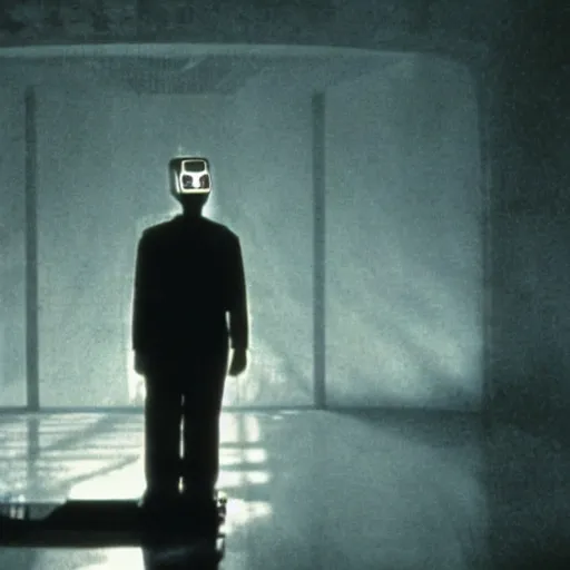 Image similar to movie scene of a man with a robot head, movie still, cinematic composition, cinematic light, criterion collection, reimagined by industrial light and magic, Movie by David Lynch and andrzej zulawski