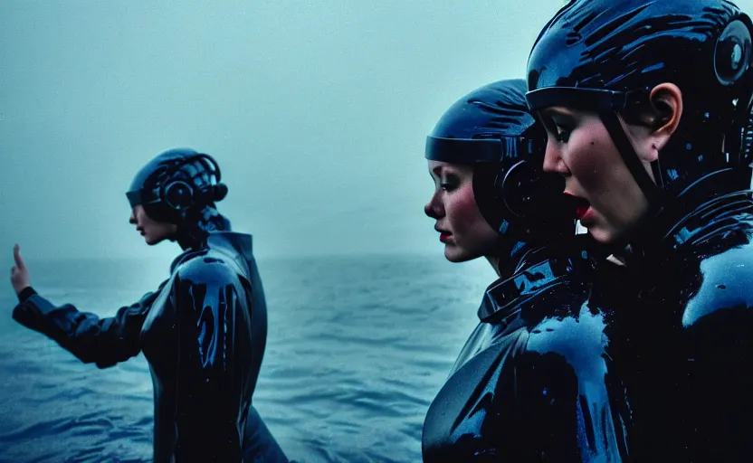 Image similar to cinestill 5 0 d candid photographic portrait by steven spielberg of two loving female androids sobbing wearing rugged black mesh techwear in treacherous waters, flooded city, medium closeup, retrofuturism cyberpunk moody emotional cinematic, pouring iridescent rain bright spotlight helicopter, 8 k, hd, high resolution, 3 5 mm, f / 3 2, ultra realistic faces, ex machina