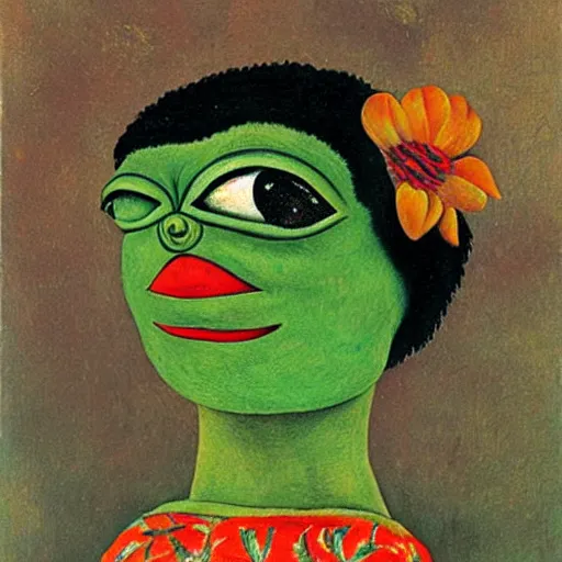 Image similar to pepe the frog by frida kahlo