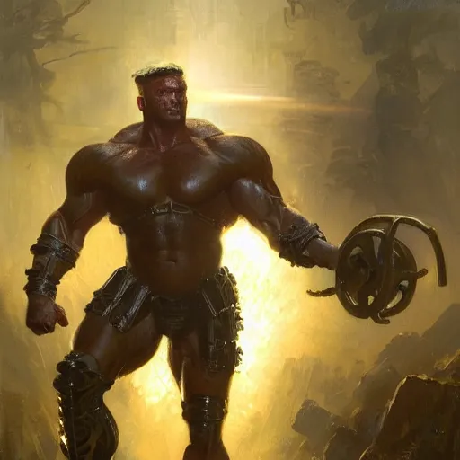 Image similar to handsome portrait of a spartan guy bodybuilder posing, radiant light, caustics, war hero, metal gear, steel bull run, lush moss surroundings, by gaston bussiere, bayard wu, greg rutkowski, giger, maxim verehin