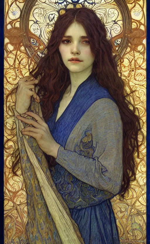 Image similar to detailed realistic beautiful young medieval queen face portrait by jean delville, alphonse mucha, vincent van gogh, and marco mazzoni, art nouveau, symbolist, visionary, gothic, pre - raphaelite
