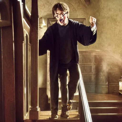 Image similar to harry potter yelling at a wooden staircase