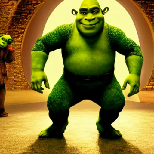 Image similar to a photographic still of Shrek in The Matrix as Neo