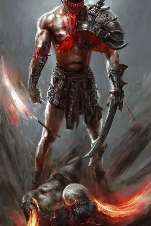Image similar to aesthetic full body digital illustration of a defeated male warrior being captured by the enemy, by anne stokes | dirty and bloody, battlefield, concept art, unreal engine, finalrender, centered, deviantart, artgerm