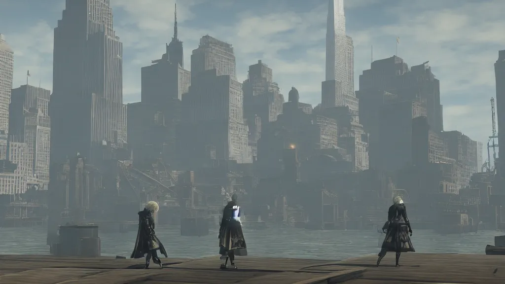 Image similar to Screenshot from Nier Automata, near the Statue of Liberty