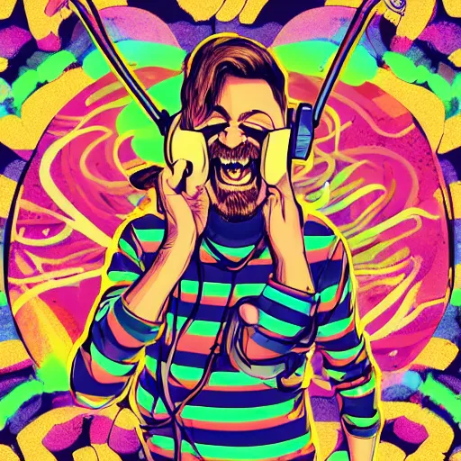 Prompt: artgerm, psychedelic laughing pewdiepie, rocking out, headphones dj rave, digital artwork, r. crumb, svg vector