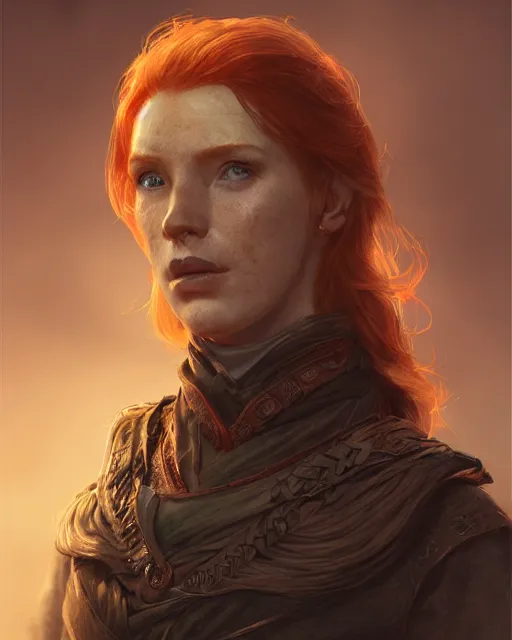 Image similar to the elder scrolls vi, charismatic rugged female redhead breton mage portrait, illustration, rim light, top light, perfectly shaded, golden hour, epic, intricate, soft painting, art by ross tran, krenz cushart and wenjun lin