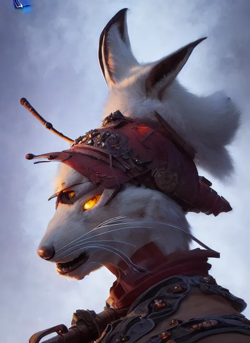 Image similar to subsurface scattering, white fox samurai, by jesper ejsing, justin gerard, tomasz alen kopera, cgsociety and fenghua zhong, highly detailed, rim light, cinematic lighting, illustration, art, octane render, very coherent, cinematic, hyper realism, high detail, octane render, 8 k