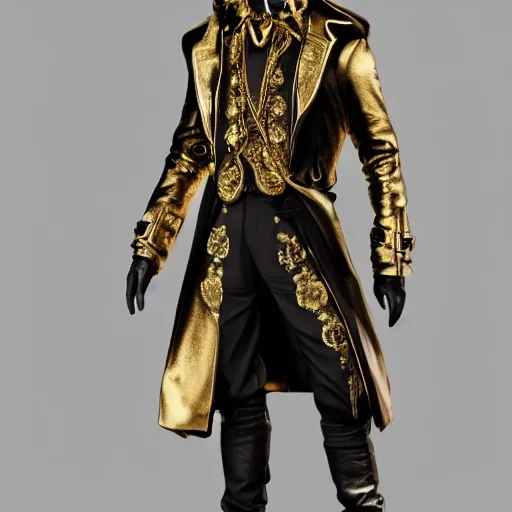 Prompt: male figure with gold engraved corture mask, black oversized noble pirate trench coat，realistic, detailed, elegant, intricate, 4k, cinematic, artstation，eyes
