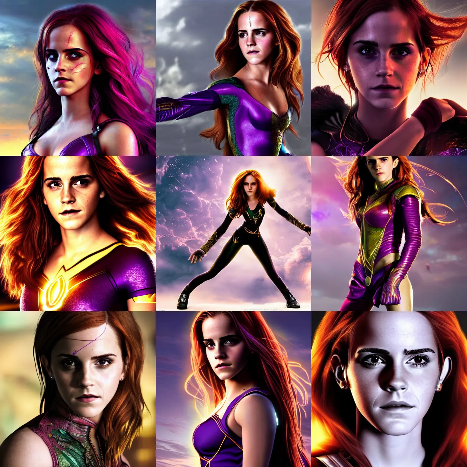 Prompt: emma watson as starfire, photorealistic art, full figure, intricate detailing, high definition, cinematic lighting