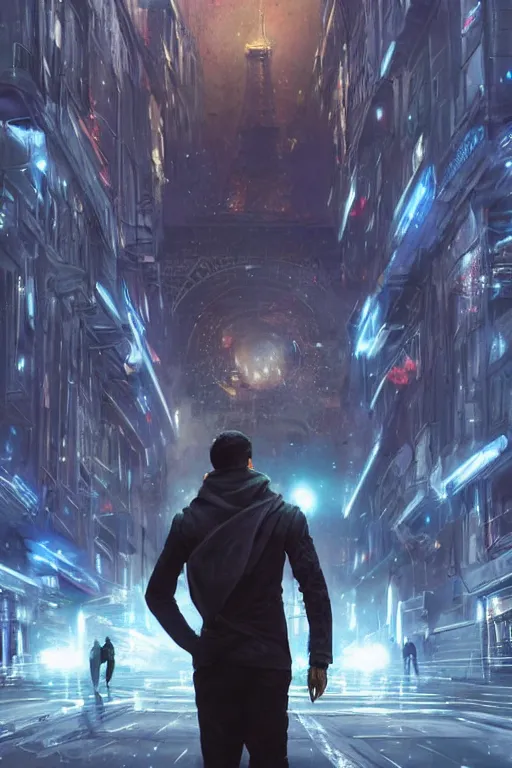 Prompt: a man from behind surrounded by energy flying away in a futuristic paris, 4 k, shimmering color, cinematic light, hyper detailed, art by greg rutkowski and magali villeneuve and artgerm
