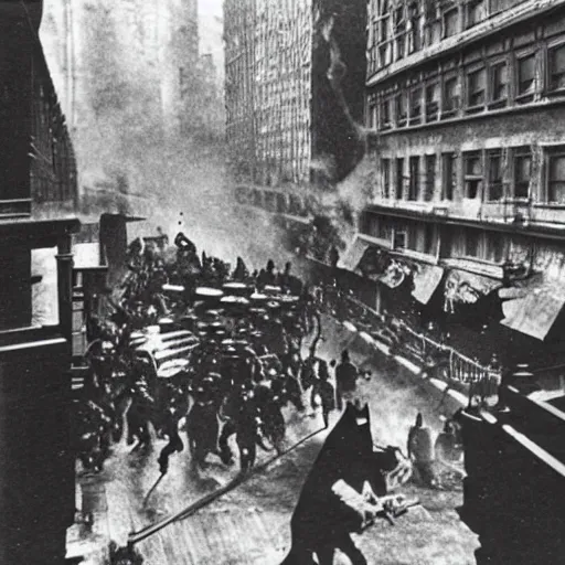 Image similar to old black and white photo, 1 9 1 3, depicting batman fighting bad guys in an ally of new york city, rule of thirds, historical record