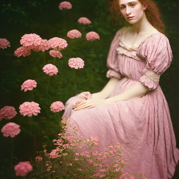 Image similar to Kodak Portra 400, 8K, soft light, volumetric lighting, highly detailed, britt marling style 3/4 ,portrait photo of a beautiful woman how pre-Raphaelites painter, a beautiful pink detailed lace dress and hair are intricate with highly detailed realistic beautiful flowers , Realistic, Refined, Highly Detailed, natural outdoor soft pastel lighting colors scheme, outdoor fine art photography, Hyper realistic, photo realistic,warm backlight