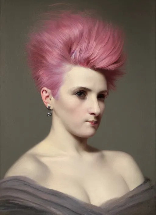 Prompt: a detailed portrait of 5 0 year old girl with a mohawk by edouard bisson, pink hair, punk rock, looking at the camera, oil painting, muted colours, soft lighting