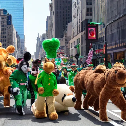 Image similar to a parade of stuffed animals marching down 5 th ave manhattan on st. patrick's day, 8 k, photo realistic, extremely life like