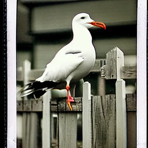 Prompt: photo polaroid of a seagull sitting on top of fence, Norman Rockwell