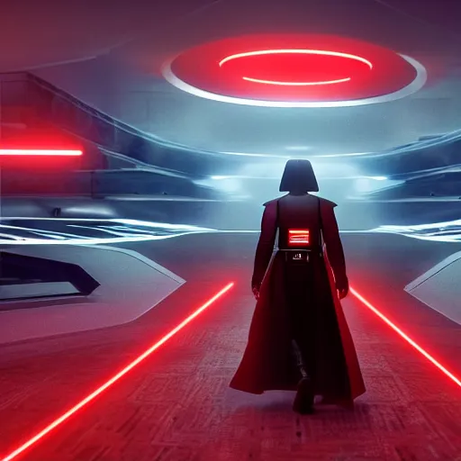 Image similar to photo of Darth Revan walking in a futuristic city in a dystopian future made of electronic components and looks like a giant pcb board. Very detailed 8k. Unreal engine 5 render with nanite, global illumination and path tracing. Cinematic post processing. Emphasize on the colors black and red.