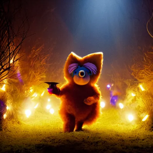 Image similar to a large fox furby muppet holding a lit torch and herding a bunch of random muppet animals following behind through a dark felt forest at night, sesame street, photograph, photography, ultrarealistic, national geographic