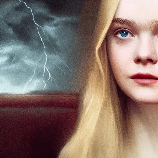 Image similar to Elle Fanning at a diner, head and shoulders portrait, stormy weather, extremely detailed masterpiece, Roger Deakin’s cinematography, oil on canvas, Da Vinci,