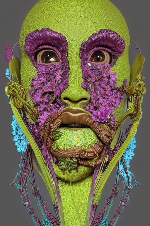 Prompt: cinema 4d colorful render, organic, dark scene, ultra detailed, of a porcelain beautiful tyler the creator face. biomechanical, analog, macro lens, hard light, big leaves and large orange Dragonflies, stems, roots, fine foliage lace, turquoise gold magenta mint green details, high fashion haute couture, art nouveau fashion embroidered, intricate details, mesh wire, mandelbrot fractal, anatomical, facial muscles, cable wires, elegant, hyper realistic, in front of dark flower pattern wallpaper, ultra detailed