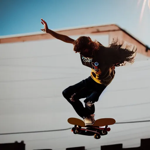 Image similar to professional photo of a skateboarder performing a grab trick, focused on brightly colored deck, thrasher magazine, 8 k, bokeh, bright ambient lighting key light, 8 5 mm f 1. 8