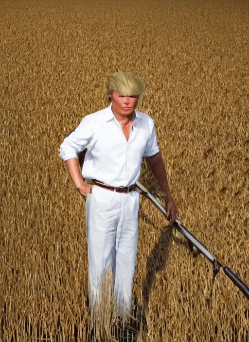 Prompt: a full body portrait of a person looking like donald trump working in rice field in mountains, hot sun, by chinese artists