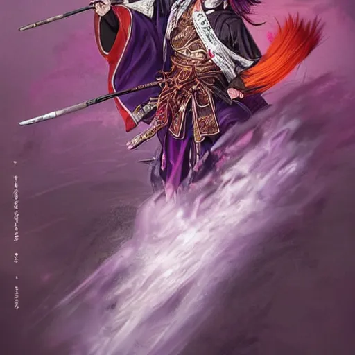 Image similar to an epic portrait of insane kabuki male wielding a spear covered in a distorting aura, intricate purple hakama, poofy red wig, eerie, highly detailed, dark fantasy, shallow depth of field, art by artgerm and greg rutkowski