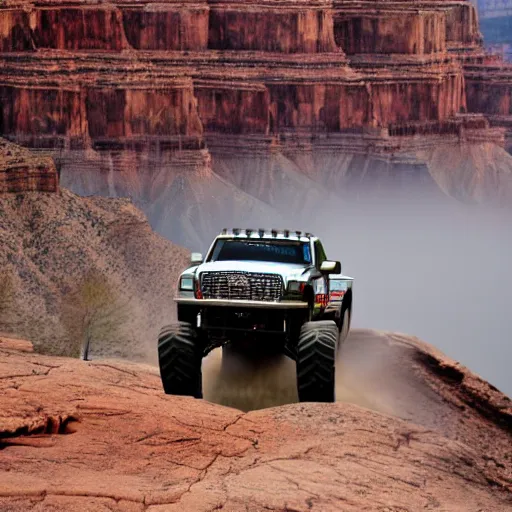 Prompt: a monster truck driving off the edge of a cliff into the Grand Canyon,