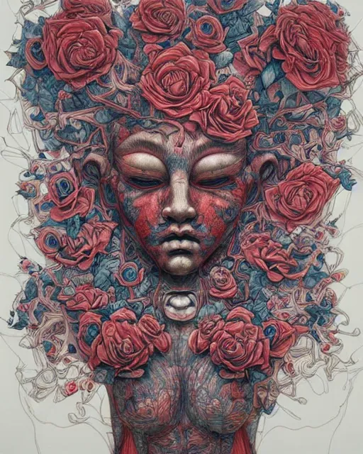 Prompt: rose god by james jean, masterpiece, very detailed, realistic eyes, abstract, vivid, aesthetic