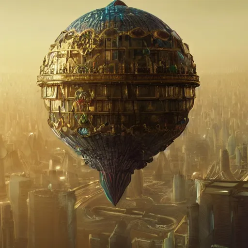 Image similar to enormous flying city in a gigantic faberge egg, sky, steampunk, flying islands, fantasy art, octane render