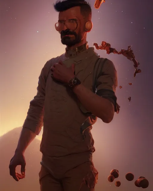 Prompt: male portrait, chocolate, imbalanced mars. rugged, highly detailed, intricate background, complex 3 d render by ilya kuvshinov, peter mohrbacher, greg rutkowski, karl spitzweg, thomas kinkade, victo ngai. unreal engine, blender, octane, ray tracing. sharp focus, masterpiece, post processing