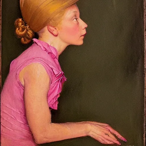 Prompt: Frontal portrait of a pink witch. A painting by Norman Rockwell.