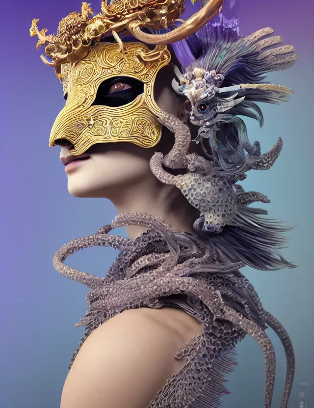 Image similar to 3 d goddess close - up profile portrait with crown, ram skull. beautiful intricately detailed japanese crow kitsune mask and clasical japanese kimono. betta fish, jellyfish phoenix, bio luminescent, plasma, ice, water, wind, creature, artwork by tooth wu and wlop and beeple and greg rutkowski