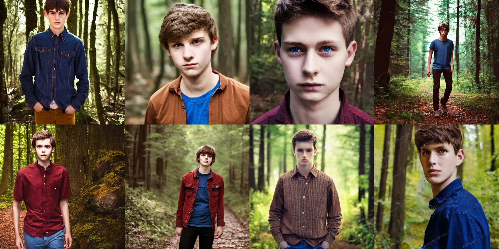 Prompt: walking in forest, dark shaped eyes, detailed face, portrait, male teenager, brown hair, red shirt, blue jeans, realistic photo.