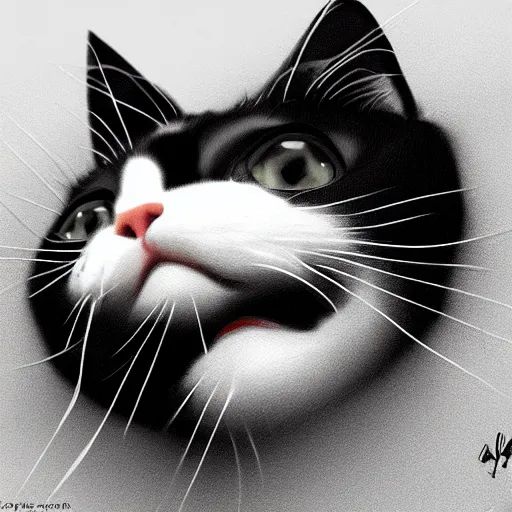 Prompt: black and white cat on a bed, black lower jaw, digital art, artstation, 8K, high quality, hyperdetalied,