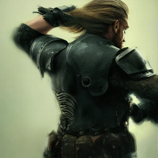 Image similar to rear side portrait of a muscular, ponytail haired blonde man with only left arm armored, wearing a thick brown leather coat, looking to his left, DnD, fantasy, dramatic lighting, digital art by Ruan Jia, Donglu Yu