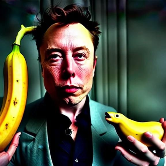 Image similar to hyperrealism aesthetic ridley scott and denis villeneuve and gaspar noe style colour surreal photography of a detailed hyperrealism surreal elon musk is a banana posing for esquire magazine hyperrealism scene from detailed hyperrealism surreal movie in styale of alejandro jodorowsky and wes anderson hyperrealism photo by araki nobuyoshi volumetric bright studio cyberpunk light