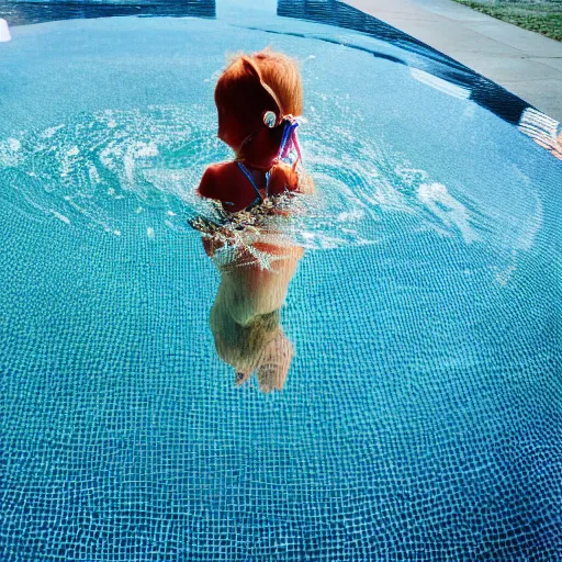 Prompt: a photograph of a reflection in a pool of water of a little girl looking into the pool of water
